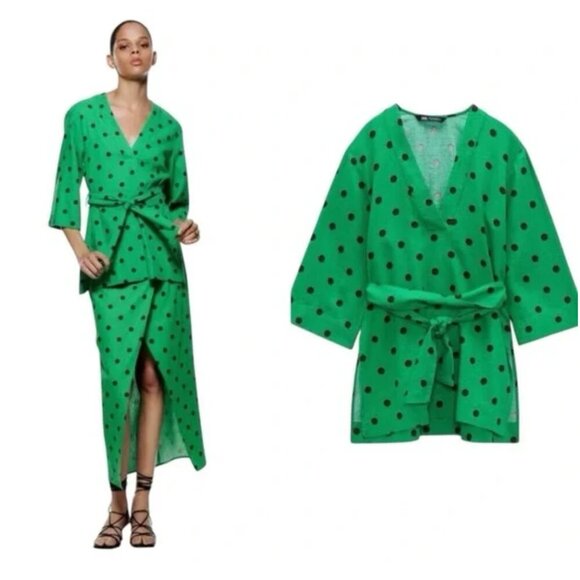 Zara Kelly Green Polkadot Linen Blend Top Sz XS Tunic Belted 3/4 Sleeve V Neck - Picture 1 of 8
